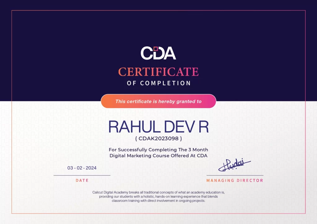 CDA certification of the best freelance digital marketer in kochi